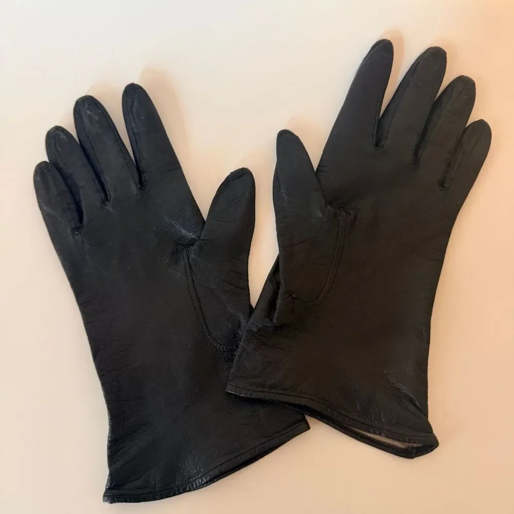 VTG Alexette Bacmo Women's Black Kidskin Leather Embroidered Gloves, Size 6 3/4